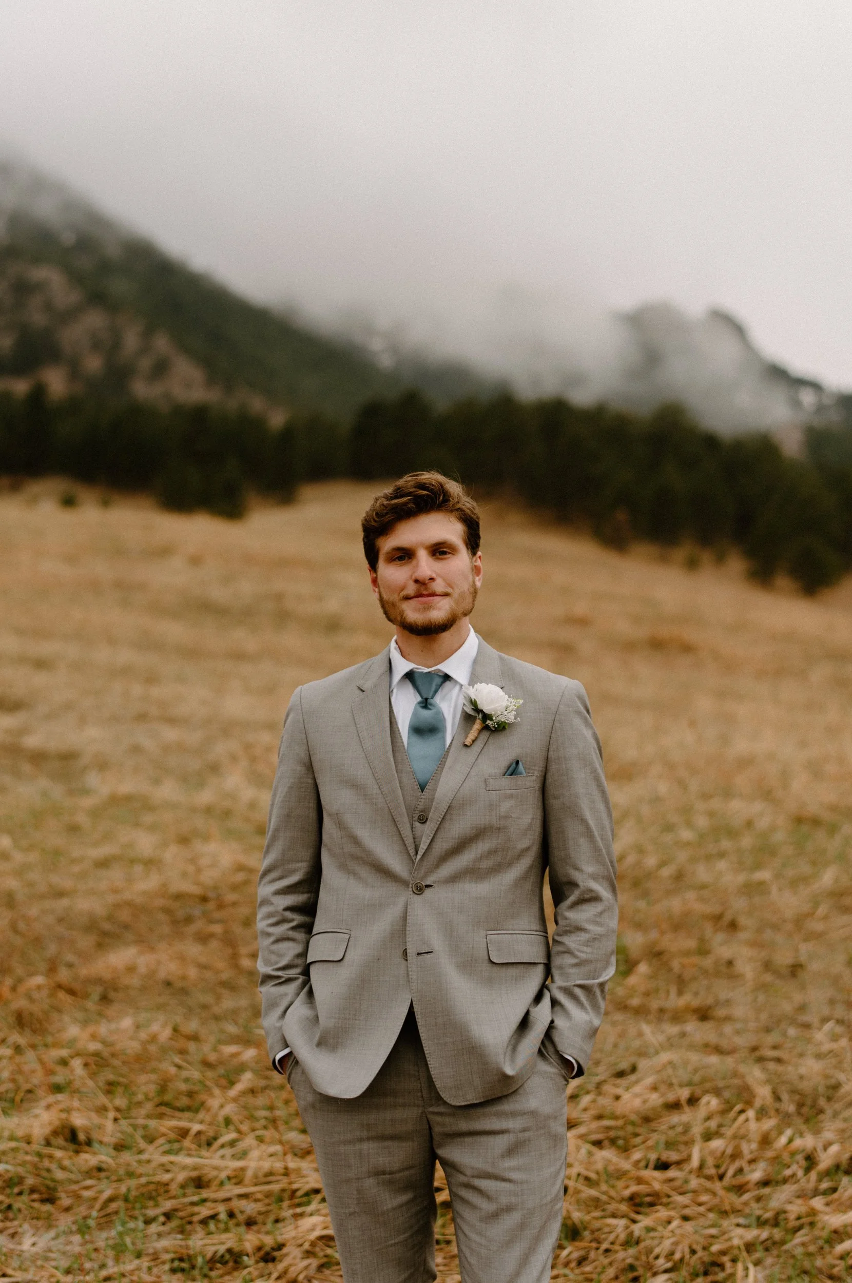 Boulder, Colorado elopement at the Flatirons. Colorado wedding and elopement photographer. Groom portrait. Colorado elopement inspiration.
